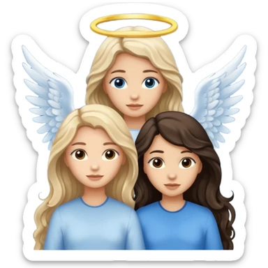 Three women as pretty angels with wings, brown eyed light skin with dark blonde long hair and Brown eyed light skin black long wavy hair and blue eyed light skin long blonde hair sticker