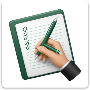 white paper, hand holding dark green and white pen and writing sticker