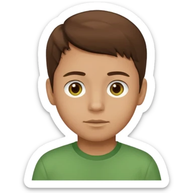 a boy with brown eyes and hair with a green shirt sticker