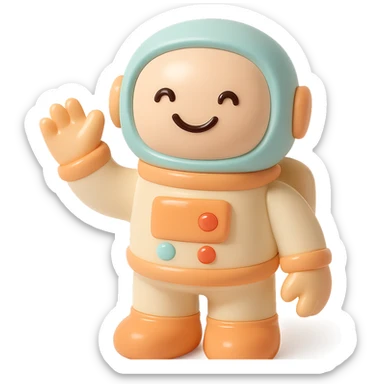 smiling astronaut in spacesuit, waving hand, vinyl figure style sticker
