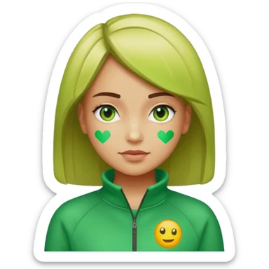 ​"A mosaic portrait of a girl in a green tracksuit, made of tiny emojis, digital art style, pixelated emoji textures, vibrant colors, creative composition." sticker