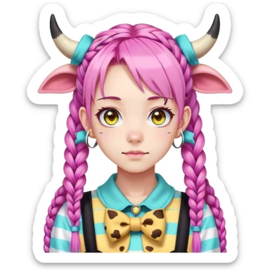 En anime-ku-jente med to rosa lange tykke fletter og cyan striper i håret, ku-horn og ku-ører, sort BH-topp over en gul cropped-fleece-blouse, lilla øyne, søt sløyfe på halsen  sticker