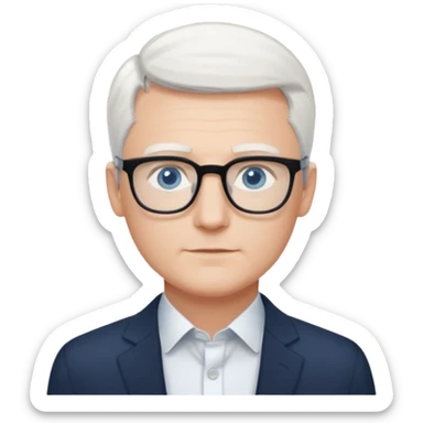 Thin white man, short white hair, black thin square glasses, white shirt, blue eyes, ceo - no tie sticker