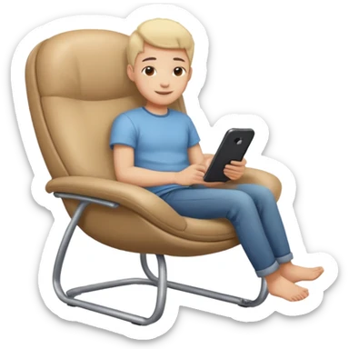Emoji-style person relaxing on leaning chair, happy and content, rounded features, soft shading, sticker