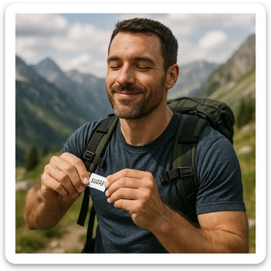 realistic 4K quality image of a sporty man during a mountain hike stopping to take a sugar packet for energy, satisfied expression, natural landscape background sticker