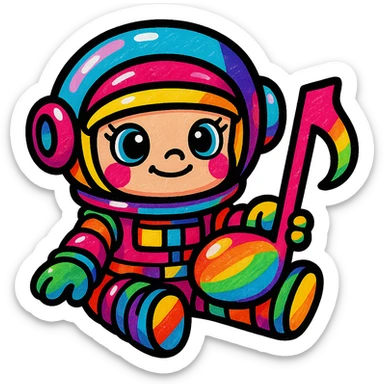 Add more vibrant colors to Popmart Space Molly as a Rednote emoji, keep playful and musical vibe, make helmet, suit, and musical notes multicolored, maintain cute cartoon style, no background. sticker