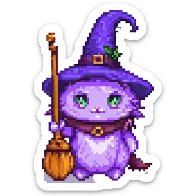 purple witch cat with a broom pixel art sticker