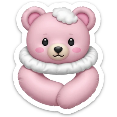 pink teddy bear, upright and dynamic, floral neck pillow, right hand with frilly white satin cloud pillow, flat and minimal, iPhone emoji style sticker