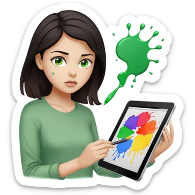 emoji holding and drawing on tablet using a stylus, looking down at screen in frustration, female, dark hair, green eyes, screen slightly visible with splashes of color like a paint palette  sticker