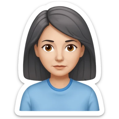 vit medelålders kvinna med grå slingor i långt mörkbrunt hår bruna ögon ljusblå skjorta  sticker