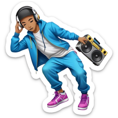 Icon for Street Dance: a dancer in urban streetwear performing a dynamic lower breakdance move, with a spray-painted background, headphones, and a boombox on the asphalt. The icon should capture the energy, style, and creativity of street dance culture. Transparent background. sticker
