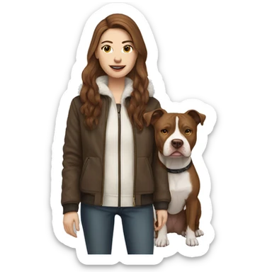 white woman with long brown hair in a furry jacket standing alongside a white pitbull with a brown patch around his eye sticker