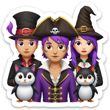 Um homem vestido de pirata,um gato de mágico,uma mulher de cabelos roxos e um pinguin vestido de bruxa sticker