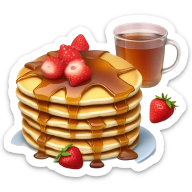 pancake with maple syrup and stawberries and hot tea sticker