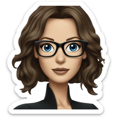 Hyper Realistic photo Kate Beckinsale blue eyes wearing glasses in a business meeting black dress sticker