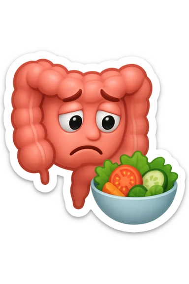 EMOJI STILE IPHONE DI UN INTESTINO UMANO ANATOMICO CHE GUARDA UN INSALATA CON ESPRESSIONE TRISTE E RASSEGNATA IN VOLTO: SOFFRE LA FAME PERCHé è A DIETA, FAGLI ANCHE LA PARTE BIANCA DEGLI OCCHI, NON SOLO LE PUPILLE sticker