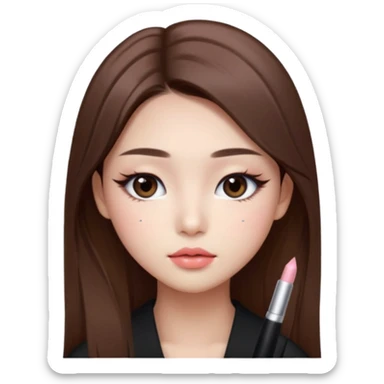 “korean straight long brown hair Emoji girl, soft eyeliner and blush, gradient lips, light brown shimmer eyeshadow sticker