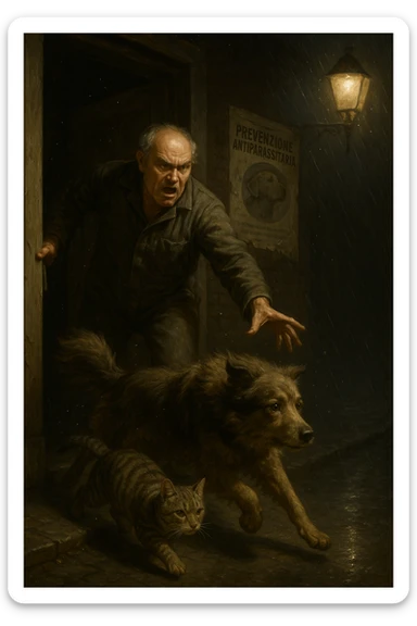 Un uomo anziano in tuta da lavoro, con espressione arrabbiata, butta fuori i suoi animali con aperta la porta di casa mentre il suo cane (un meticcio a pelo lungo) e il gatto (soriano) scappano nella strada buia sotto la pioggia. Particelle di polvere/pulci fluttuano nell'aria illuminata dal lampione. Sullo sfondo, un poster strappato del veterinario con scritto 'Prevenzione antiparassitaria'. Stile fotorealistico, illuminazione Caravaggesca, toni grigi e ocra. in italiano sticker