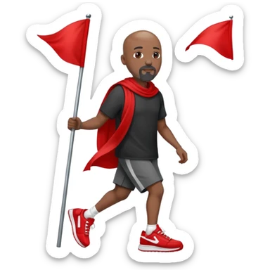 Bald black man with a white goatee in sneakers carrying a red flag sticker
