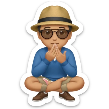 A man squatting down and holdig his hand flat a bit above the ground, like your pettig the air and while holding his finger to his mouth sticker