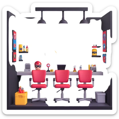 underground superhero command center beneath barbershop, barber chair elevator, beard-themed technology sticker