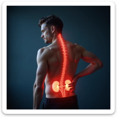 realistic man with painful expression, hand on lower back, kidneys shown in inflamed red tones with subtle anatomy overlay, symbolic clinical background, cool light, anatomy focus, 4K sticker