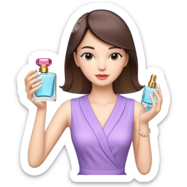 stylish woman spraying perfume, holding a perfume bottle, soft mist spray in the air, elegant pose, 3D cartoon, mobile game icon style, clean background, no text, no watermark

 sticker