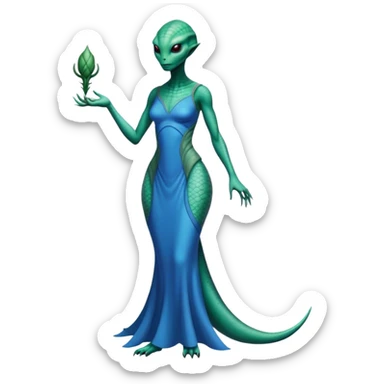 a Reptilian alien woman, full body, in bue dress sticker