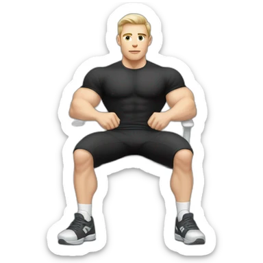 Pale skinned Fit Man With the biceps and dark brown hair in black shirt, gray sports shorts and white Sneakers Sitting on a chair sticker