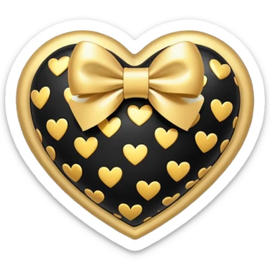 glossy plush black heart with a gold bow and heart pattern on the bow sticker