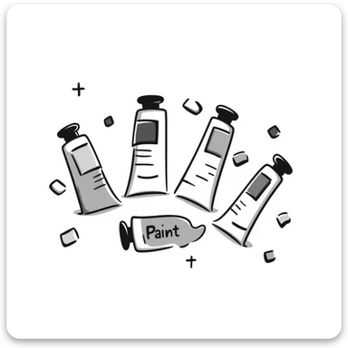 Art paint tubes with different colors squeezed out in pastel colors (dd9fb0, ffc6d3, a3bfc9, c4bee2, f1b091), hand-drawn doodle style sticker
