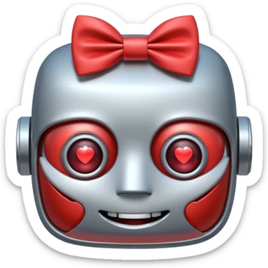 a happy robot face with heart eyes, wearing a bow tie sticker