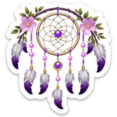 A silvery-white Dreamcatcher. with purple-round-orbs, gold-rings hanging down. purple flowers, pink sakura flowers, sticker