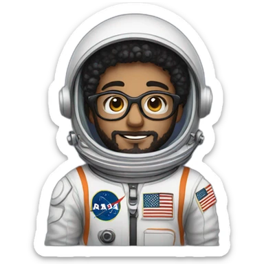 Boy with black short curly hair and beard wearing glasses astronaut sticker