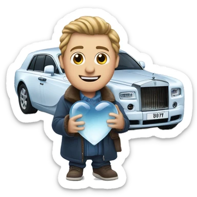 man hold frozen heart near rolls royce sticker