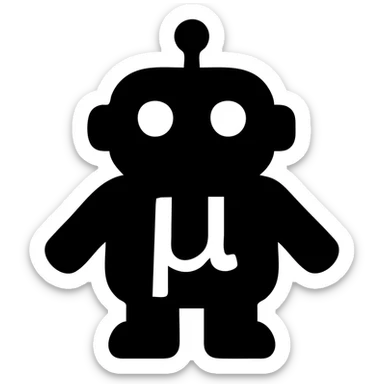 solid filled icon of a blue lowercase mu symbol with a toy-styled robot behind it sticker