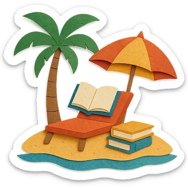 cozy beach reading nook with books, umbrella, and palm tree, layered paper effect, paper-craft style sticker