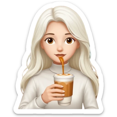 white long haired brunette with brown eyes and a white outfit, drinking a caramel machiatto sticker