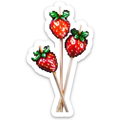 three strawberries on a wooden skewer coated in shiny sugar glaze sticker