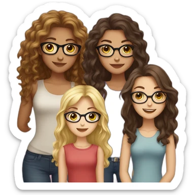 Five girls, one of them blonde with glasses, one brunette with glasses, one brunette with curly hair, another brunette with long hair, one blonde with straight hair sticker