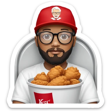 BBNO$ rapper sitting in a KFC bucket, glasses, beard, snapback cap sticker