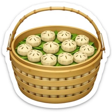 A bamboo steamer basket filled with tiny dumplings. sticker