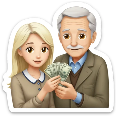 Kind elderly grandfather with gray hair giving money to a pretty blonde young woman who needs financial help, supportive family moment sticker