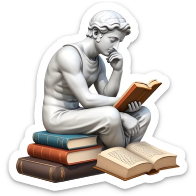 An icon featuring a Thinker statue, a scroll, symbolizing philosophy. The design includes books and abstract symbols representing deep thought and wisdom. Transparent background highlights the study of ideas, logic, and existential questions sticker