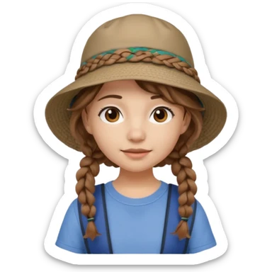 a young student girl with the backpack with bucket hat, brown wavy braided hair sticker