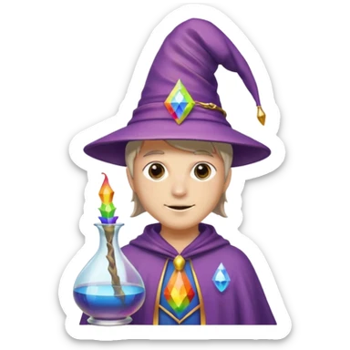 costume, wearing wizard hat custome, with glass vase, rainbow sticker
