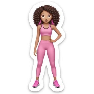 Uma menina negra da pele clara magra definida com roupa de academia rosa, com cabelo cacheados  todo castanho escuro bem grande até a bunda sem muito volume no cabelo sticker