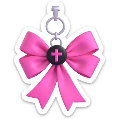 3D emoji style pink bow with gothic effect, hot pink satin, black velvet center, and silver cross charm sticker