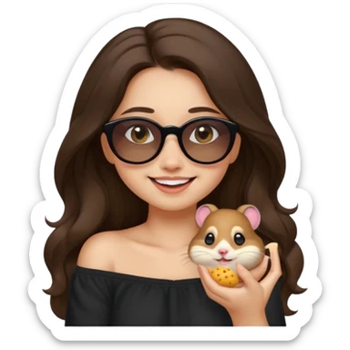 clean emoji-style illustration of a young woman with light skin, long wavy dark brown hair, black off-shoulder top, soft smile, warm eyes, cheeky hamster with sunglasses on her shoulder munching a seed, both playful and happy, soft pastel background, cheerful charming style sticker