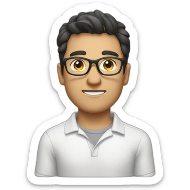 guy with dark hair, a white polo and grey glasses sticker